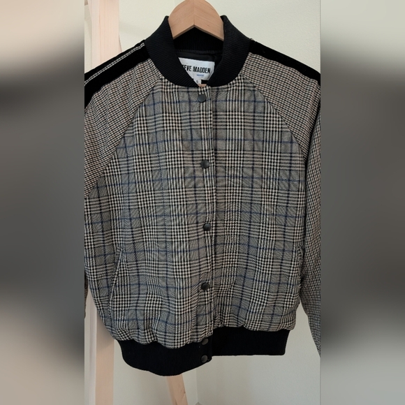 Steve Madden Women's Akiri Brown/Black Plaid Houndstooth Bomber Jacket, Sz S - Picture 3 of 9
